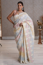 Off White and Multi Colored Organza All Over Lucknowi Embroidery and Sequin Worked Saree